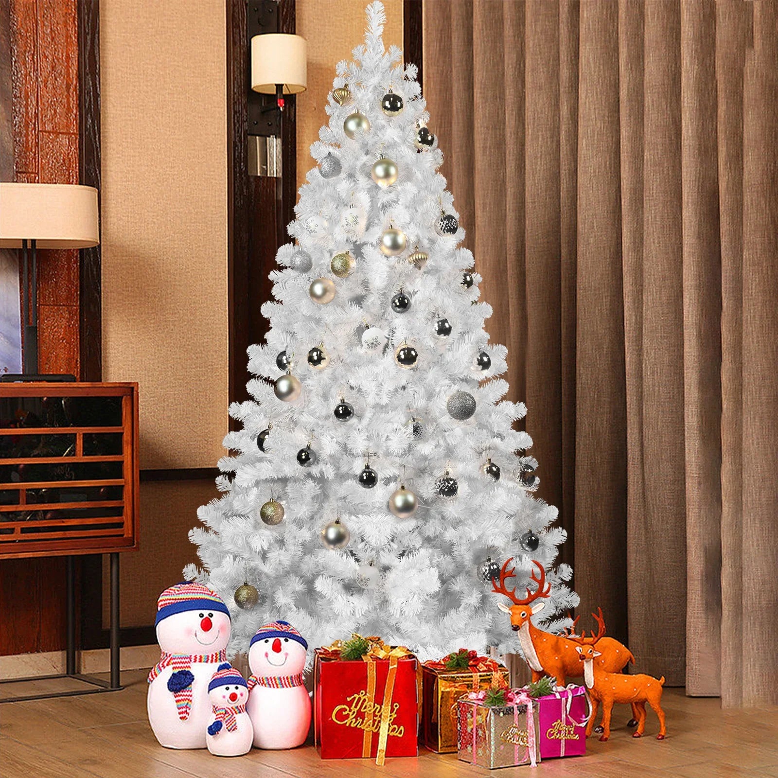KTX-246739 7ft Hinged 3-Part White PVC Christmas Tree for Indoor Living Room Decorations