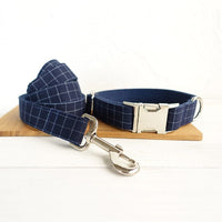 HKM-247251 Blue Plaid Bow Dog Collar and Leash Set