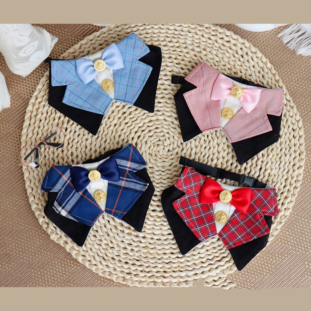 HKM-247443 Pet Cat Dog Bow Tie Bib - Stylish Red, Blue, Pink Patterns, Adjustable Sizes S & M