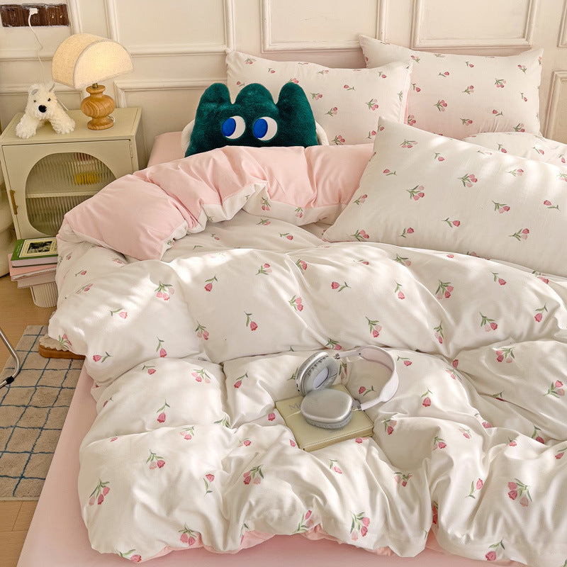HKM-247443 Soft Pastoral Double-Layer Yarn Bedding Set - Plant and Flower Design, Multiple Sizes Available