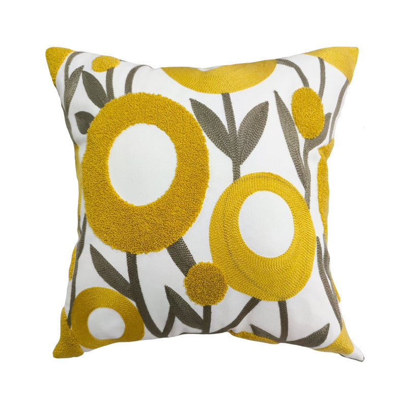 HKM-247571 Embroidered Cotton and Hemp Sofa Cushion Cover with Tassels - Floral Design