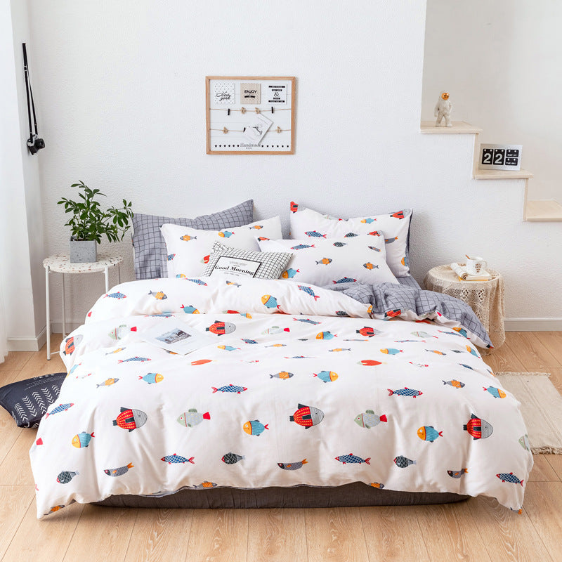 HKM-248275 Combed Cotton Four-Piece Bedding Set in Light Gray with Pastoral Floral Design for 1.5m Beds