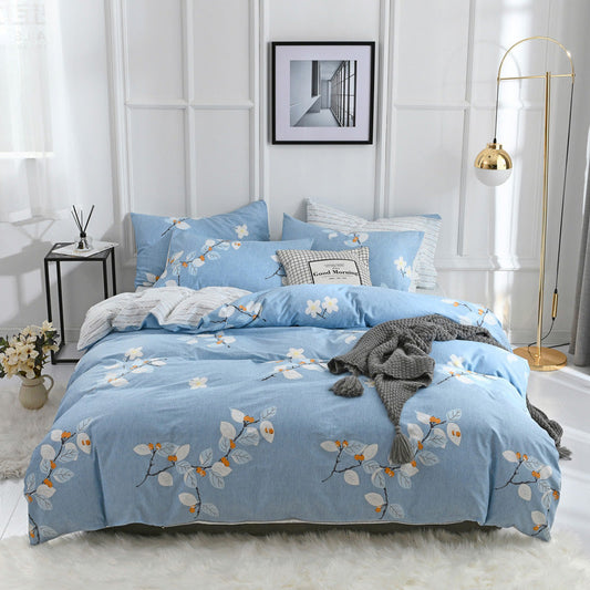 HKM-248275 Combed Cotton Four-Piece Bedding Set in Light Gray with Pastoral Floral Design for 1.5m Beds