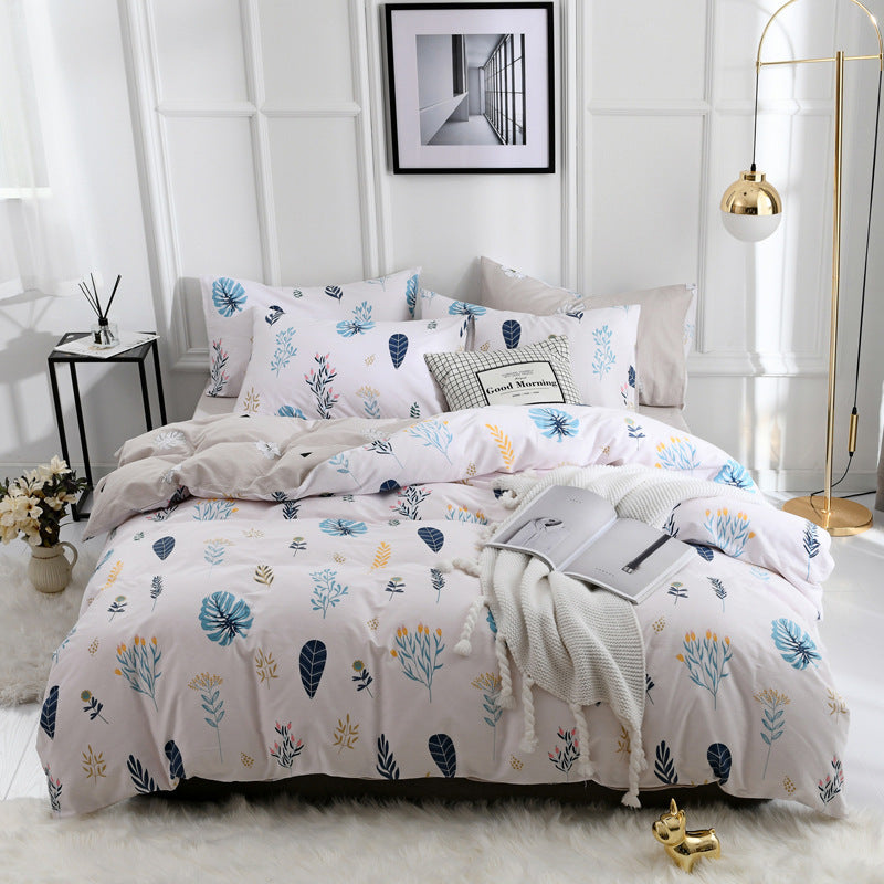 HKM-248275 Combed Cotton Four-Piece Bedding Set in Light Gray with Pastoral Floral Design for 1.5m Beds
