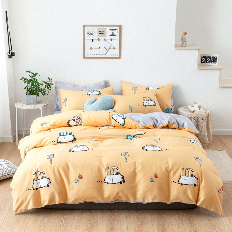 HKM-248275 Combed Cotton Four-Piece Bedding Set in Light Gray with Pastoral Floral Design for 1.5m Beds