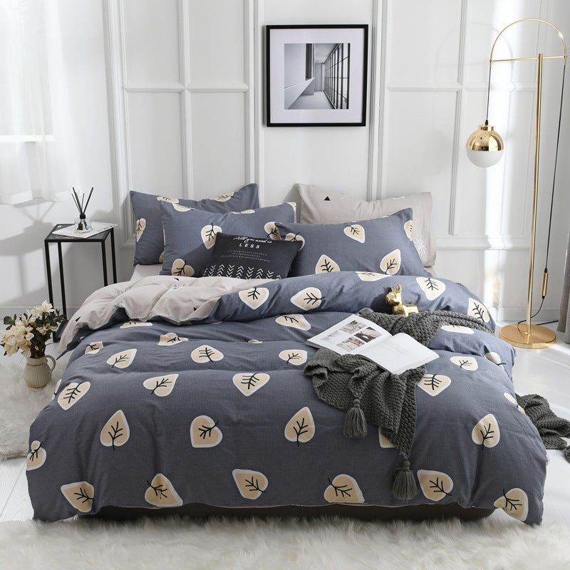 HKM-248275 Combed Cotton Four-Piece Bedding Set in Light Gray with Pastoral Floral Design for 1.5m Beds
