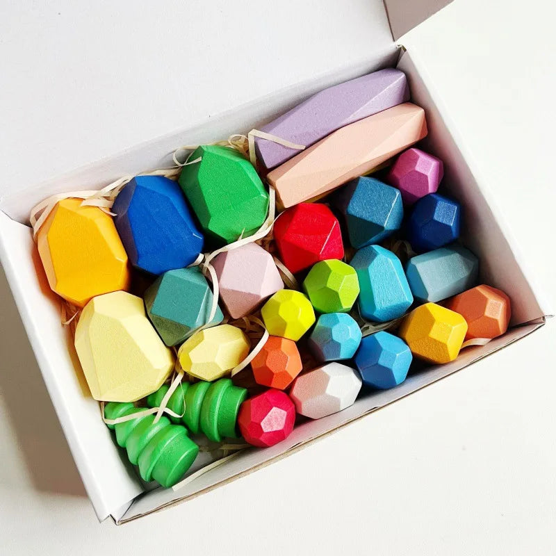 KTX-248275 Wooden Rainbow Stacking Stones – Montessori Balance Building Blocks for Kids