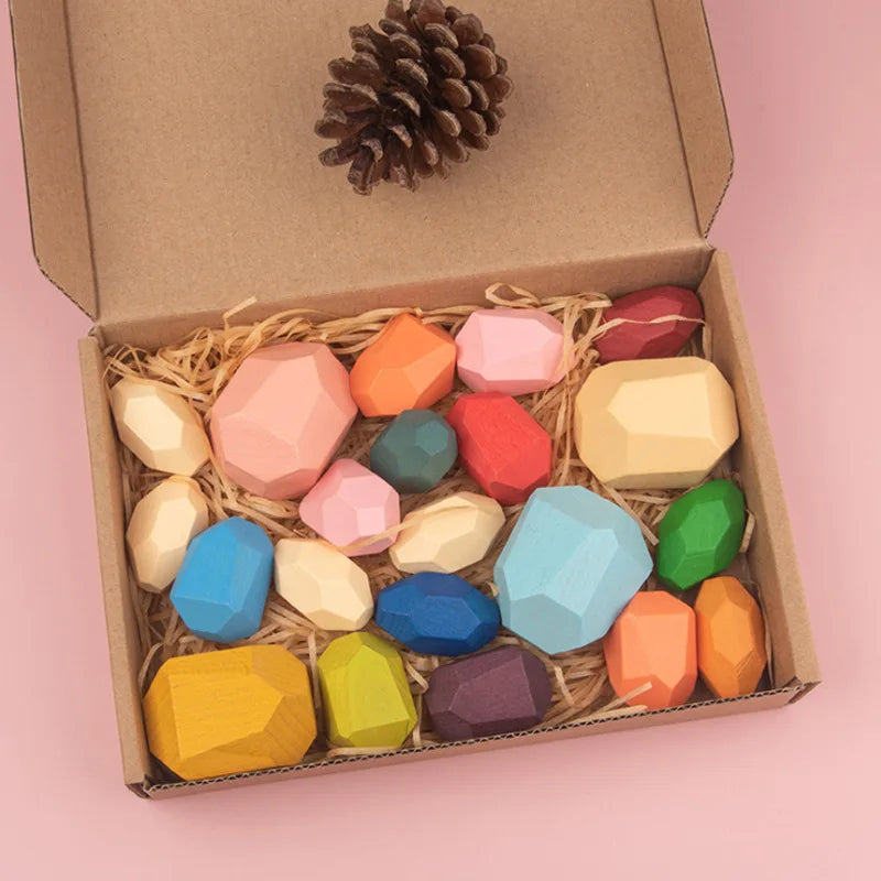 KTX-248275 Wooden Rainbow Stacking Stones – Montessori Balance Building Blocks for Kids