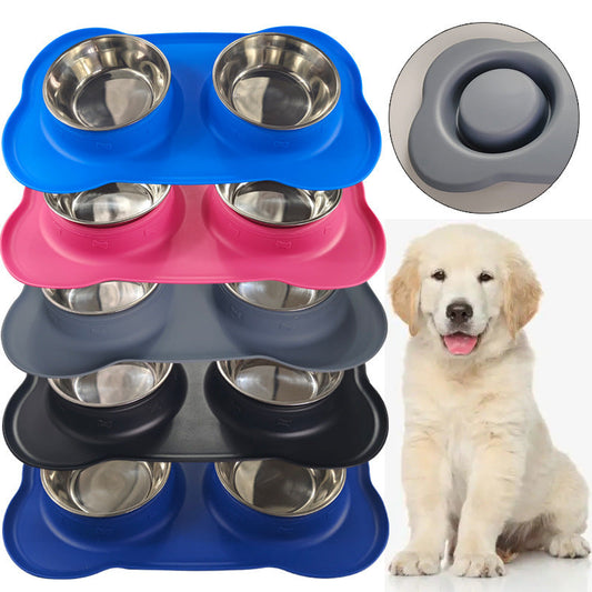 HKM-248467 Silicone Double Dog Bowl with Stainless Steel Insert - Large and Small Sizes Available