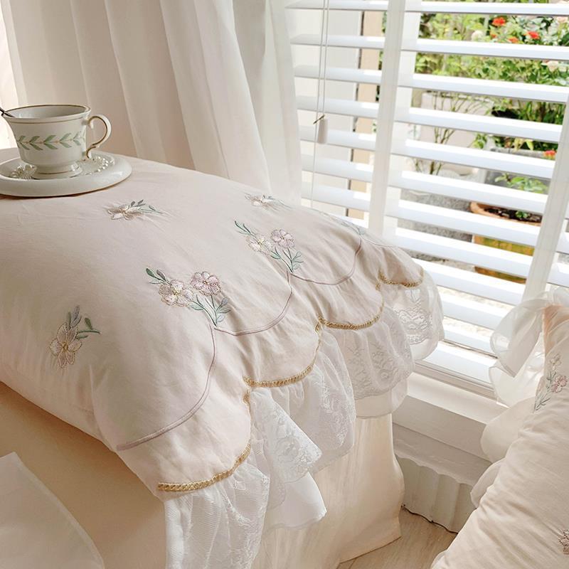 HKM-248595 Washed Cotton Four-Piece Bedding Set with Plant and Flower Embroidery, Available in Multiple Sizes