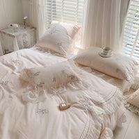 HKM-248595 Washed Cotton Four-Piece Bedding Set with Plant and Flower Embroidery, Available in Multiple Sizes
