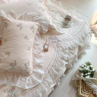 HKM-248595 Washed Cotton Four-Piece Bedding Set with Plant and Flower Embroidery, Available in Multiple Sizes