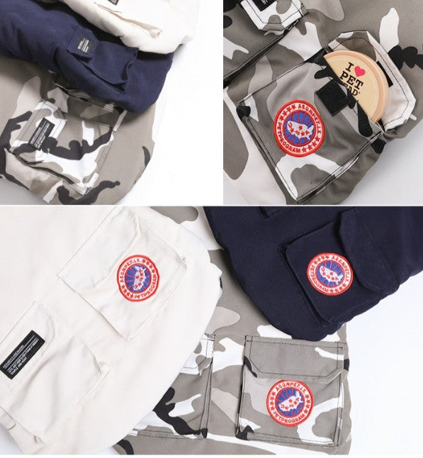 HKM-249235 Dog Down Jacket in Duck Camouflage - White, Milky White, Dark Blue, Sizes M to XXL