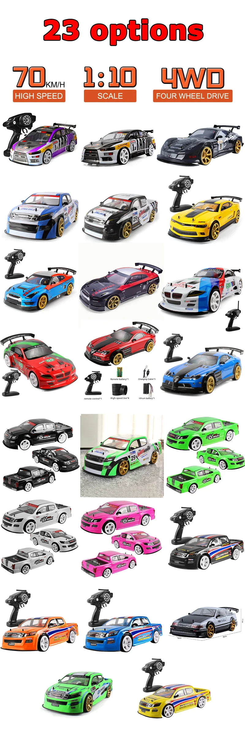 HKM-249427 1:10 Scale High-Speed 4WD Remote Control Car, Electric, Indoor-Outdoor Use, 70km/h Speed