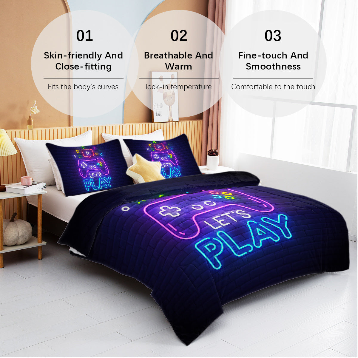 HKM-249747 Neon Game Pattern Ultra Soft Microfiber Comforter Set with Pillow Shams - Multiple Sizes Available