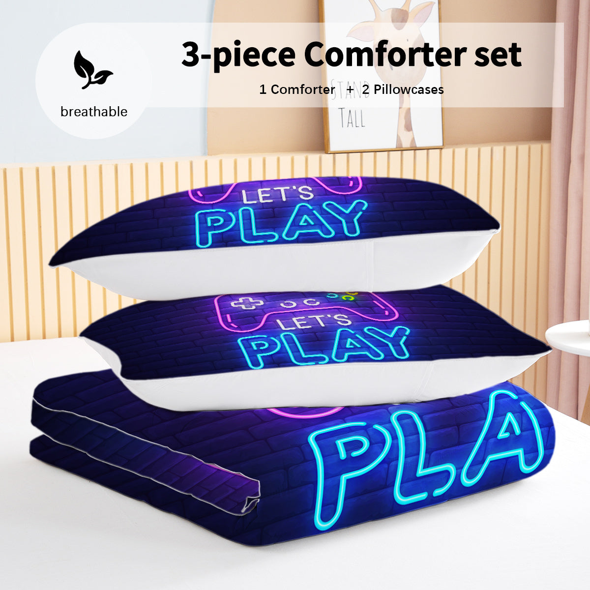 HKM-249747 Neon Game Pattern Ultra Soft Microfiber Comforter Set with Pillow Shams - Multiple Sizes Available