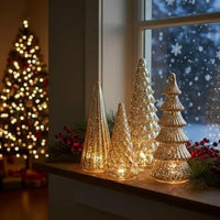 HKM-250387 3D Printed Glazed Christmas Tree Ornaments Set – Lighting Options in Gold & Silver, 5 Pieces