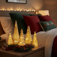 HKM-250387 3D Printed Glazed Christmas Tree Ornaments Set – Lighting Options in Gold & Silver, 5 Pieces