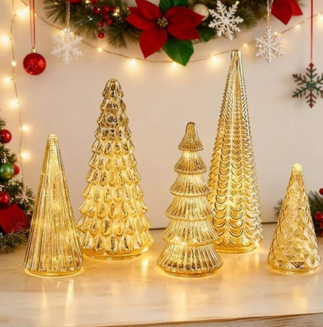 HKM-250387 3D Printed Glazed Christmas Tree Ornaments Set – Lighting Options in Gold & Silver, 5 Pieces