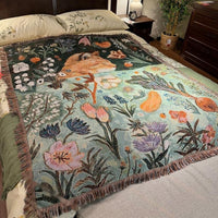 HKM-250643 Cartoon Cat Nap Tapestry in Green - Cotton Blend, Rectangular, 130x160cm & 80x100cm Options