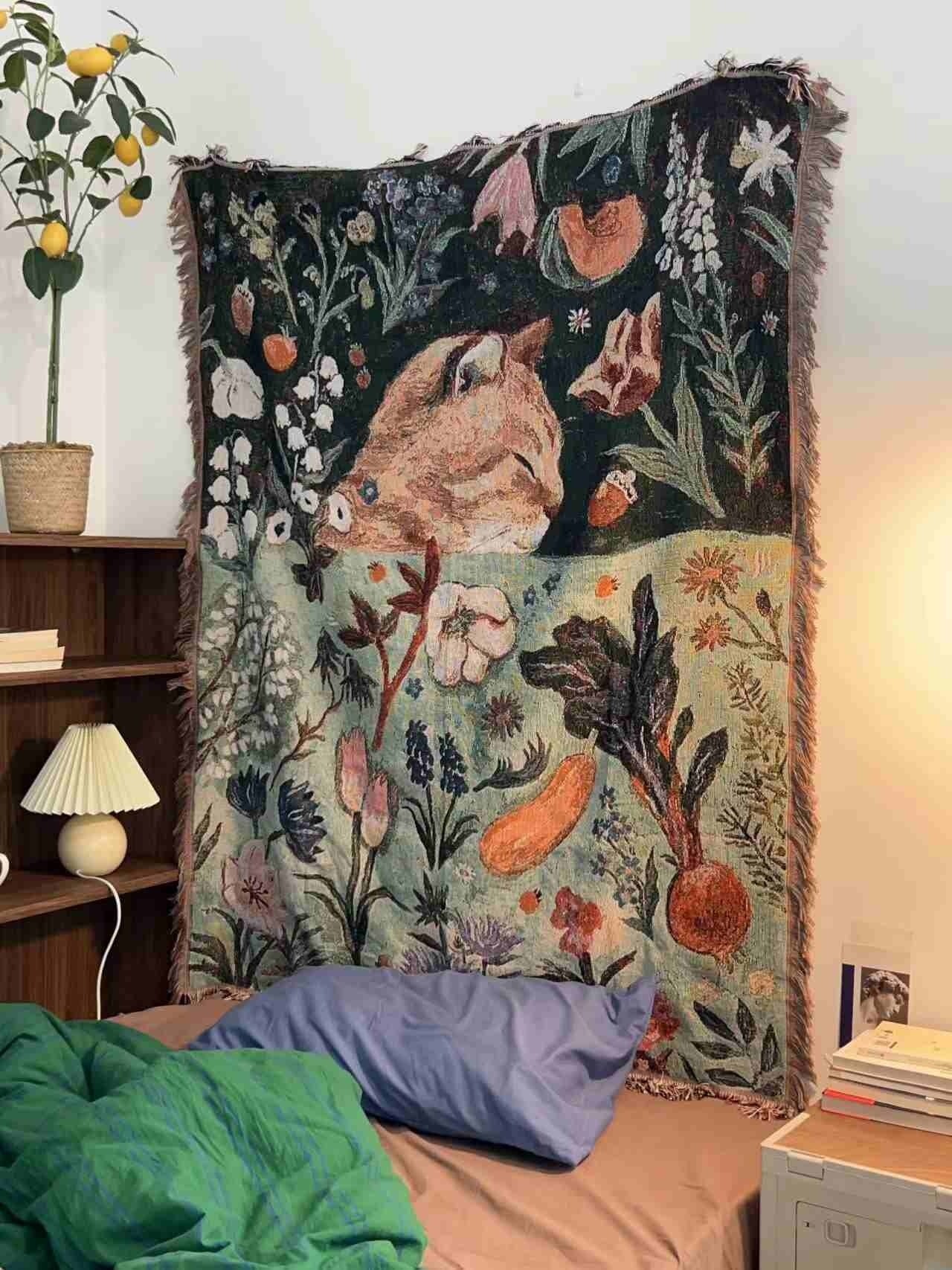 HKM-250643 Cartoon Cat Nap Tapestry in Green - Cotton Blend, Rectangular, 130x160cm & 80x100cm Options