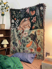HKM-250643 Cartoon Cat Nap Tapestry in Green - Cotton Blend, Rectangular, 130x160cm & 80x100cm Options