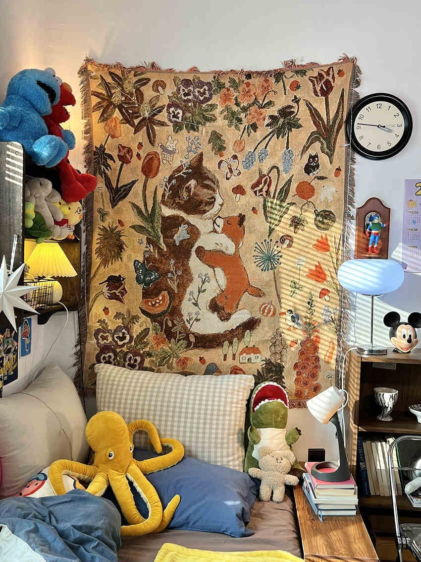 HKM-250643 Cartoon Cat Nap Tapestry in Green - Cotton Blend, Rectangular, 130x160cm & 80x100cm Options