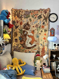 HKM-250643 Cartoon Cat Nap Tapestry in Green - Cotton Blend, Rectangular, 130x160cm & 80x100cm Options