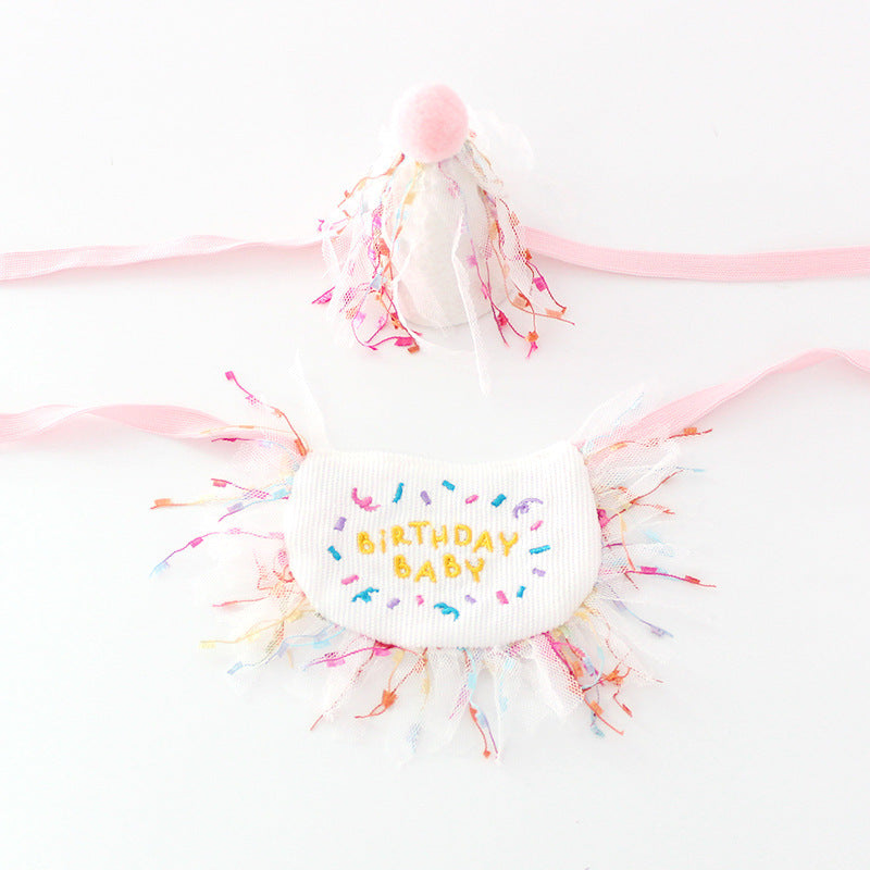 HKM-252051 Pet Birthday Bib and Hat Set for Dogs - Triangle Scarf with Letter Pattern, Polyester, Sizes S and M