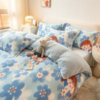 HKM-252691 Winter Coral Velvet Four-Piece Bedding Set with Fun Patterns and Soft Material