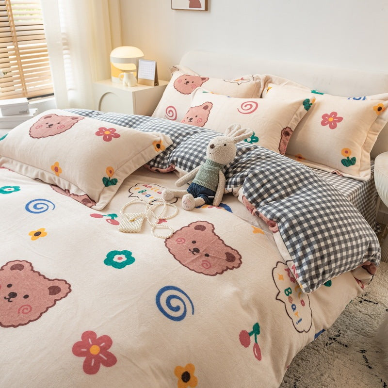 HKM-252691 Winter Coral Velvet Four-Piece Bedding Set with Fun Patterns and Soft Material