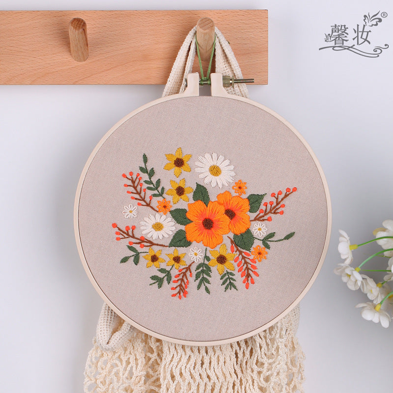 HKM-252883 Cotton and Linen Cloth Embroidery Kit with Flower and Leaf Patterns, Includes Embroidery Frame, 30x30cm Size