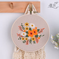 HKM-252883 Cotton and Linen Cloth Embroidery Kit with Flower and Leaf Patterns, Includes Embroidery Frame, 30x30cm Size