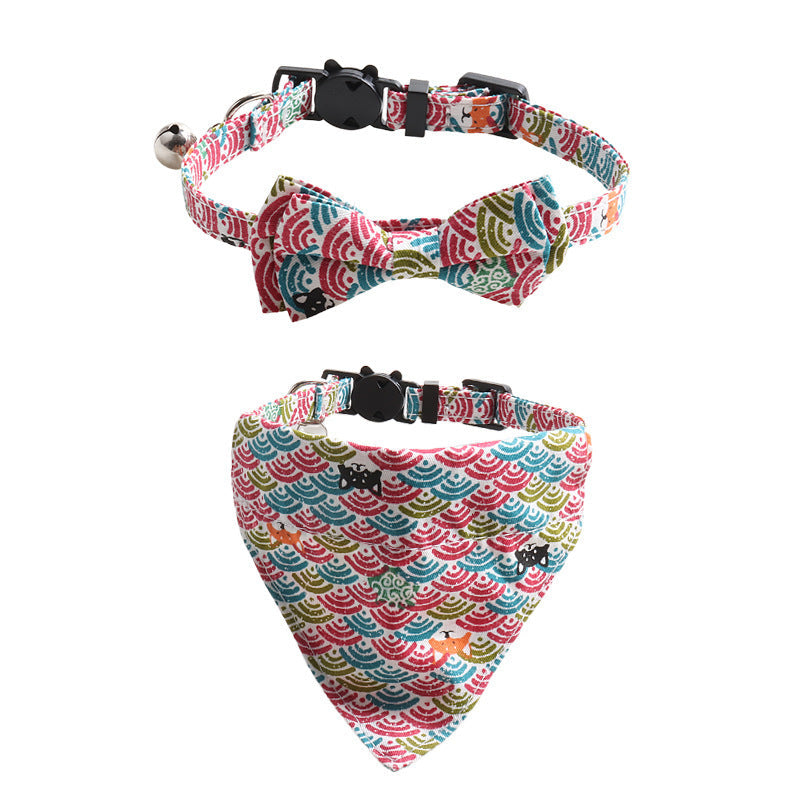 HKM-253139 Japanese Style Tang Grass Pattern Cat Collar with Bow and Scarf Set, 1.0*28CM