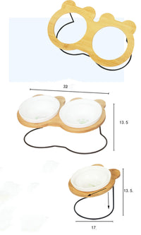 HKM-253395 Slanted Pet Bowl with Bamboo Stand in Various Colors - Wooden and Ceramic Design