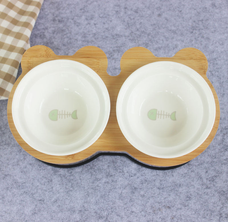 HKM-253395 Slanted Pet Bowl with Bamboo Stand in Various Colors - Wooden and Ceramic Design