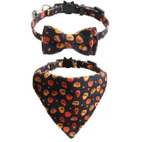 HKM-254355 Halloween Themed Cat Collar and Saliva Bib Two-Piece Set - Adjustable Polyester in Black and Purple