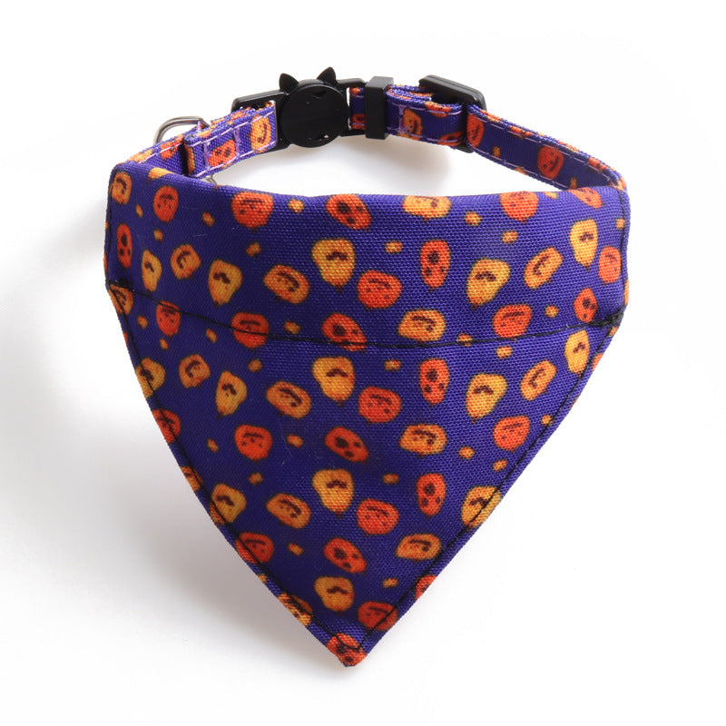 HKM-254355 Halloween Themed Cat Collar and Saliva Bib Two-Piece Set - Adjustable Polyester in Black and Purple