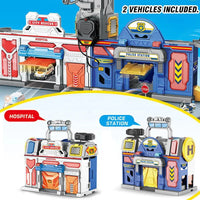 HKM-255443 Fire, Police, and Hospital Themed 2-in-1 Toolbox Track Parking Lot Toy Set with Diecast Alloy Cars