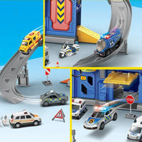 HKM-255443 Fire, Police, and Hospital Themed 2-in-1 Toolbox Track Parking Lot Toy Set with Diecast Alloy Cars
