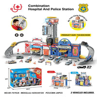 HKM-255443 Fire, Police, and Hospital Themed 2-in-1 Toolbox Track Parking Lot Toy Set with Diecast Alloy Cars