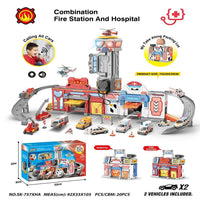 HKM-255443 Fire, Police, and Hospital Themed 2-in-1 Toolbox Track Parking Lot Toy Set with Diecast Alloy Cars