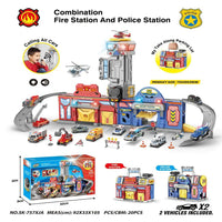 HKM-255443 Fire, Police, and Hospital Themed 2-in-1 Toolbox Track Parking Lot Toy Set with Diecast Alloy Cars