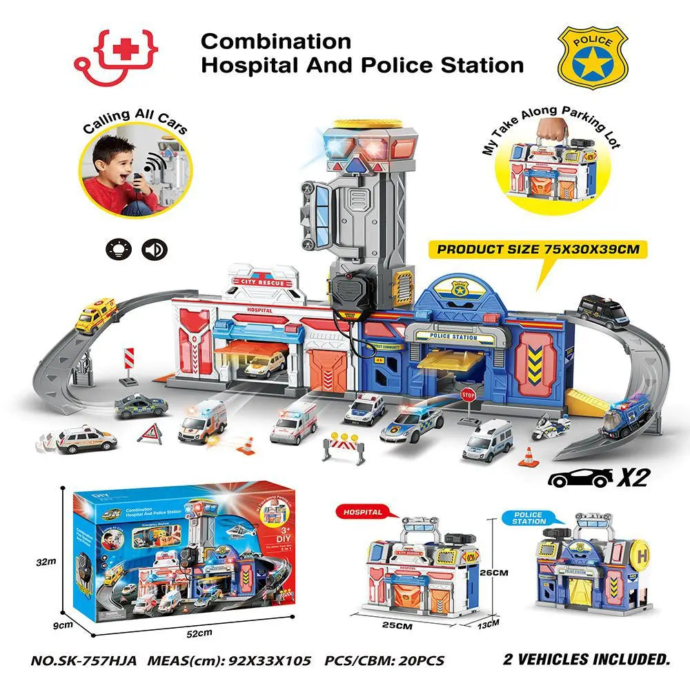 HKM-255443 Fire, Police, and Hospital Themed 2-in-1 Toolbox Track Parking Lot Toy Set with Diecast Alloy Cars