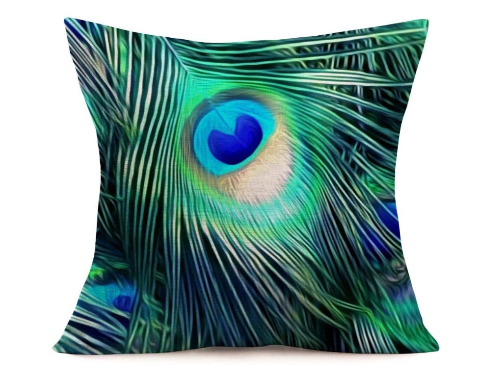 HKM-256019 Peacock Print Linen Cushion Cover, 45x45 cm, 100% Linen