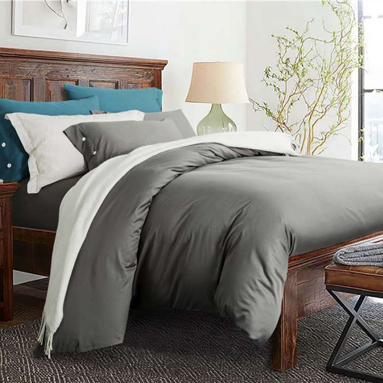 HKM-256147 Solid Color Long-Staple Cotton Bedding Set - 4-Piece Satin Style in Light Gray