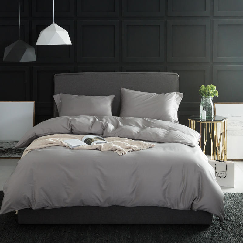 HKM-256147 Solid Color Long-Staple Cotton Bedding Set - 4-Piece Satin Style in Light Gray