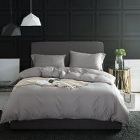 HKM-256147 Solid Color Long-Staple Cotton Bedding Set - 4-Piece Satin Style in Light Gray
