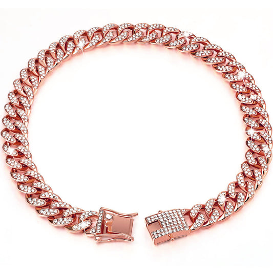HKM-256211 Diamond Hip Hop Dog Collar Necklace - Available in Gold, Silver, and Rose Gold, Multiple Sizes (8"-28")