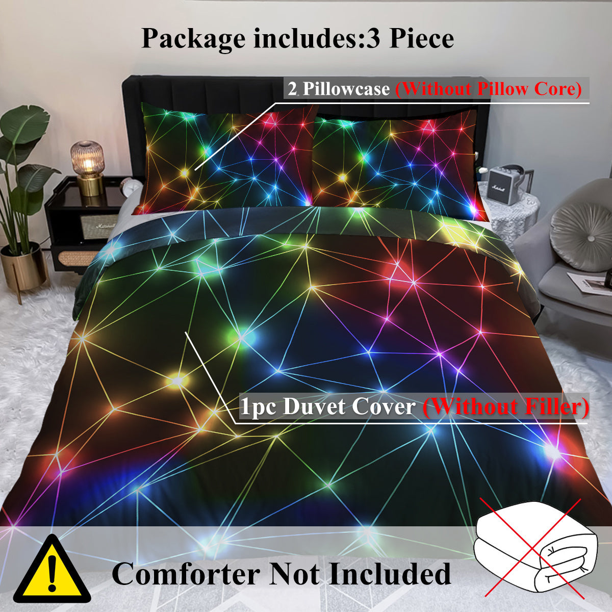 HKM-256659 Colorful Microfiber Kids Bedding Set - Starlight Duvet Cover and Pillow Shams, Single Size, 3 Pieces